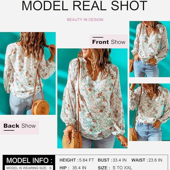 Women's Casual Boho Floral Print V Neck Long Sleeve Loose Blouse Shirts Top - Picture 3 of 4